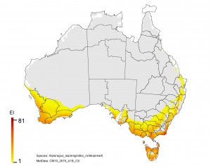 NRM regions and projected climatic suitability (EI) for bridal creeper based on CSIRO Mk3 global climate model (GCM) projections for 2070, based on the A1B SRES emissions scenario.
