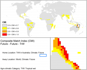 CLIMEX match climates for the Wet Tropics using CSIRO Mk3 projections to 2070 based on the A1B SRES scenario.