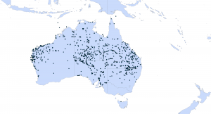 Distribution of buffel grass (Cenchrus ciliaris) (black dots) in Australia