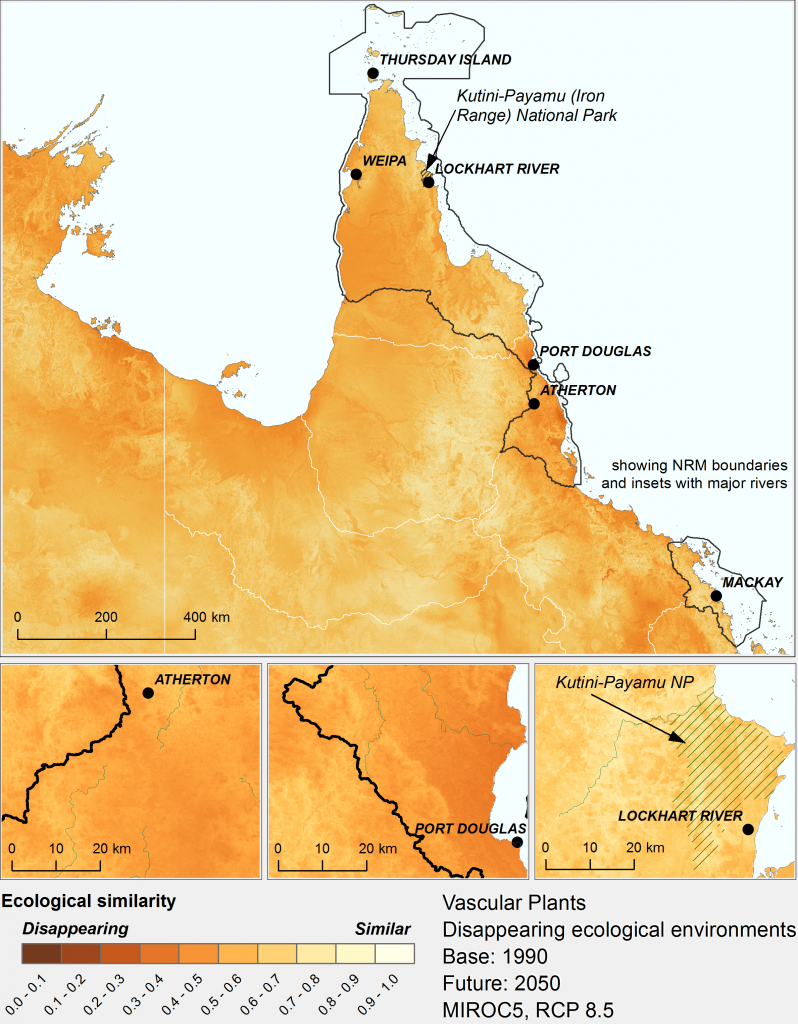 Gradients in the degree to which ecological environments are tending to disappear for vascular plants under the high emissions’ mild MIROC5 climate scenario by 2050, within regions broadly associated with the Wet Tropics. Darker colours signify greater tendency to disappear.
