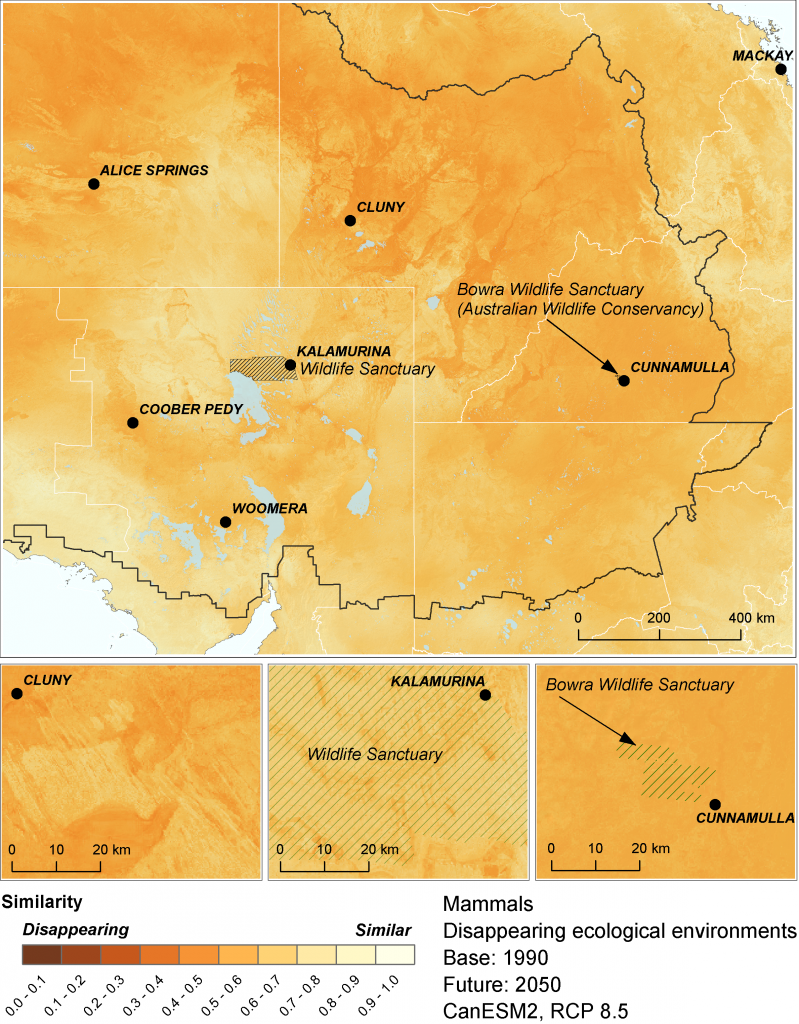 The Degree to which ecological environments are tending to disappear in the eastern Rangelands for mammals by 2050