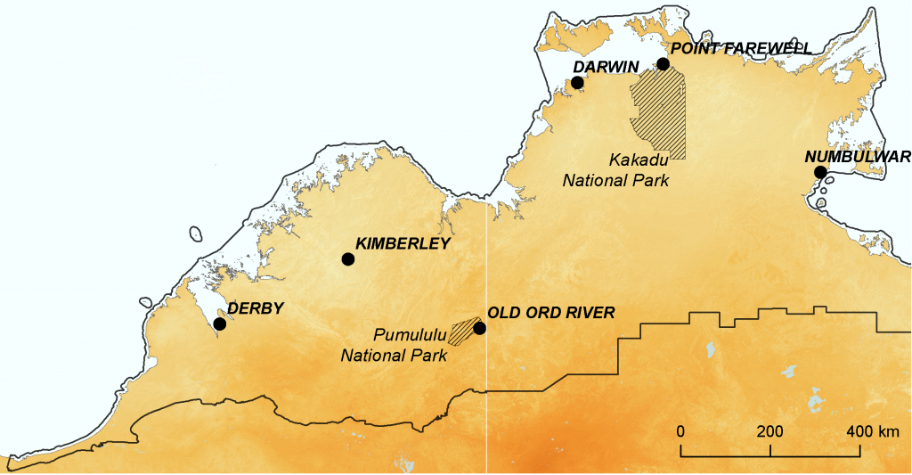 Degree to which ecological environments are becoming novel for reptiles in northern Australia (hot CanESM2)