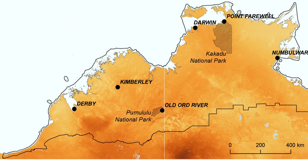 Degree to which ecological environments are becoming novel for amphibians in northern Australia (hot CanESM2)