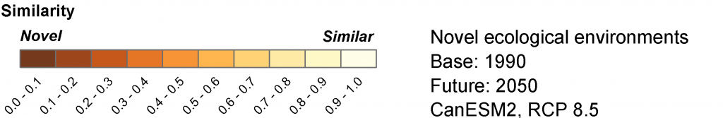 The degree to which ecological environments are becoming novel by 2050 in parts of northern Australia for all four species groups under the high emissions' hot CanESM2 climate scenario. Darker colours signify greater tendency to become novel.