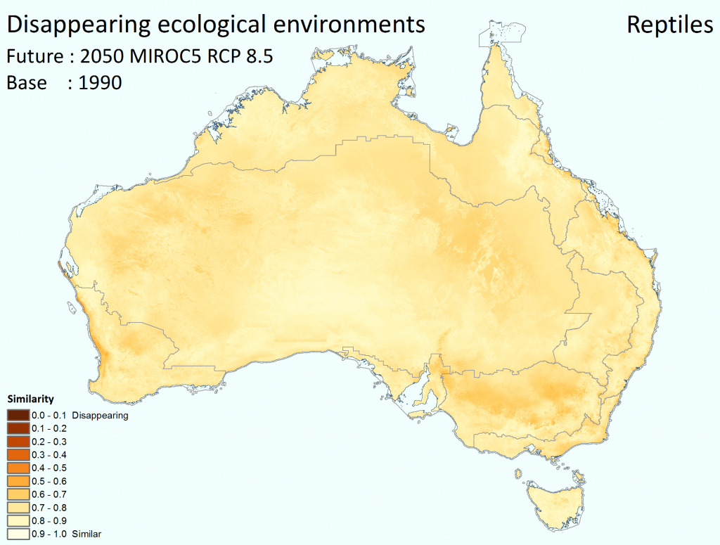 The degree to which ecological environments are tending to disappear across Australia for reptiles by 2050, under the high emissions’ mild MIROC5 climate scenario. Darker colours signify greater tendency to disappear. While the legend shows 10 categories, the mapped data itself is continuous.