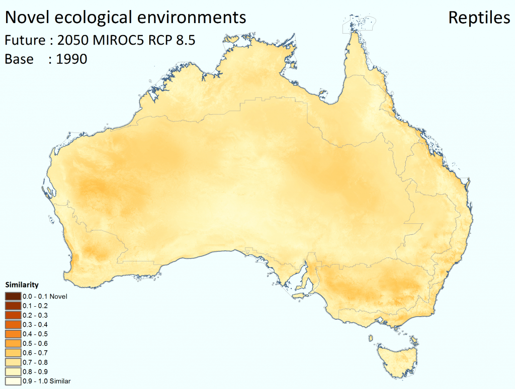 Novel ecological environments in Australia for reptiles. 2050 MIROC5 RCP 8.5