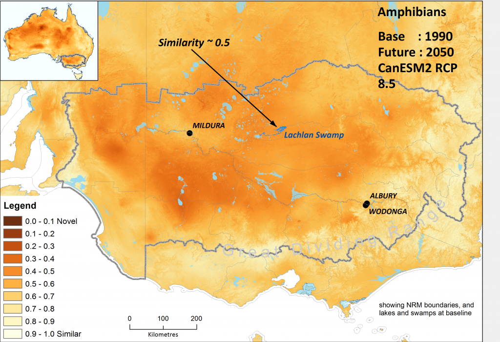 Gradients in the degree to which ecological environments are becoming novel for Australian amphibians under the high emissions’ hot CanESM2 climate scenario by 2050, within regions broadly associated with the lower Murray Basin.