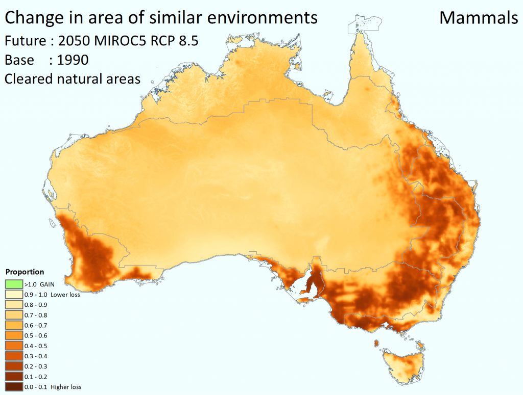 Change in effective area of similar ecological environments for mammals by 2050 using the high emissions’ mild MIROC5 climate scenario with contemporary land clearing patterns. Darker colours signify lower areal proportion of similar habitat remaining by 2050; lighter colours signify less change and, in some cases, a gain in effective area (green). While the legend shows 10 categories, the mapped data itself is continuous.