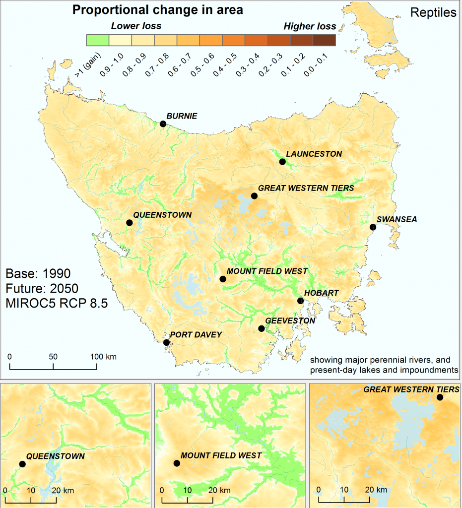 Change in effective area of similar ecological environments for reptiles in Tasmania by 2050, using the high emissions’ mild MIROC5 climate scenario, not accounting for past land clearing. Analysis based on the Australian continent.