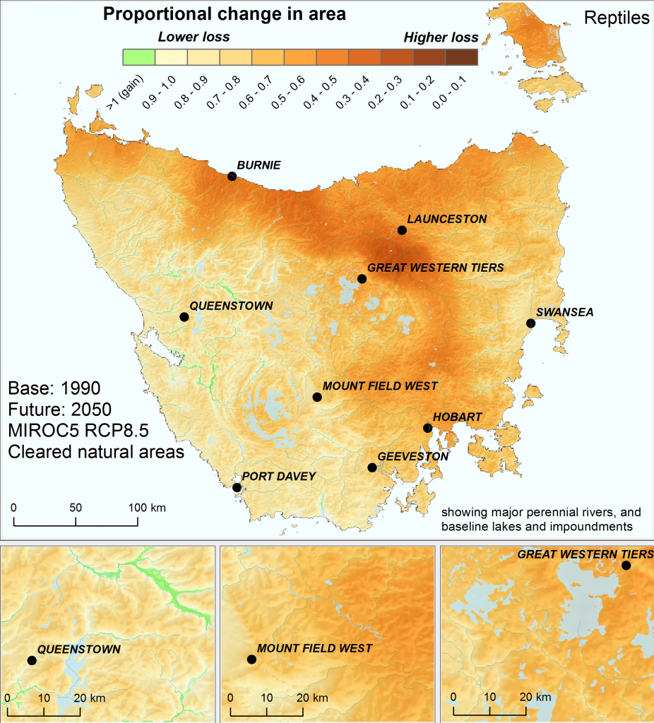 Change in effective area of similar ecological environments for reptiles in Tasmania by 2050, using the high emissions’ mild MIROC5 climate scenario, and including the effects of past land clearing. Analysis based on the Australian continent.