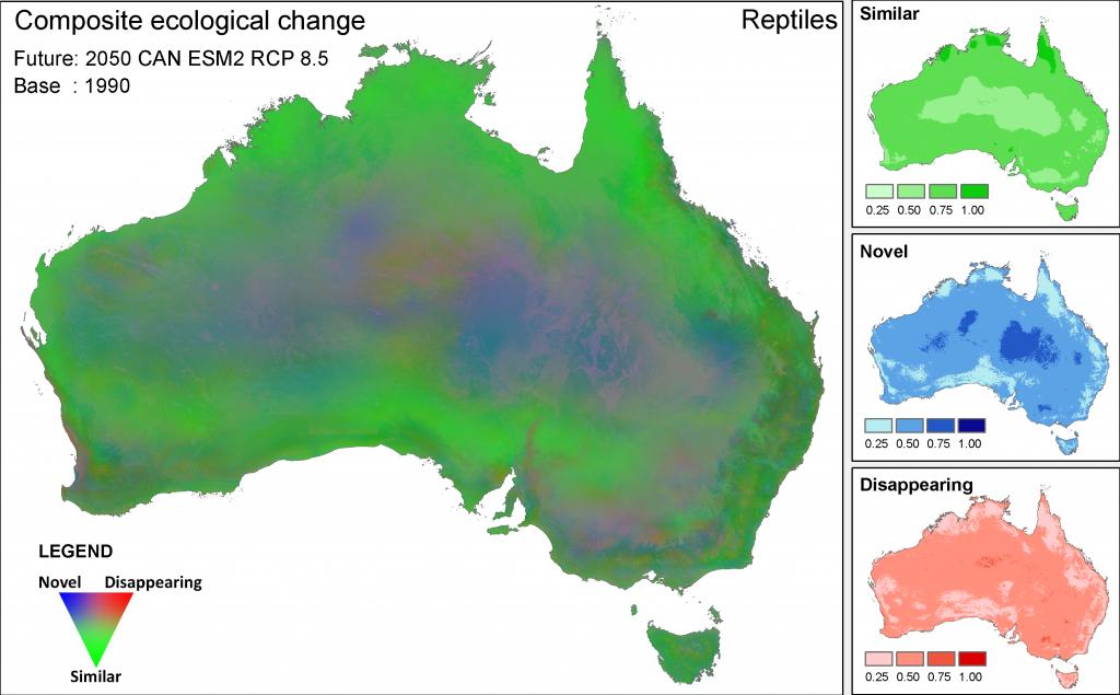 Patterns of composite ecological change for reptiles under the high emissions’ hot CanESM2 climate scenario. This image combines three datasets: the potential degree of ecological change and the degree to which ecological environments are becoming novel and tending to disappear. The images on the right hand side of the figure guide interpretation, but continuous data (rather than the four categories) were used to produce the composite image. Note that the ecological similarity scaling for the novel and disappearing measures has been inverted.
