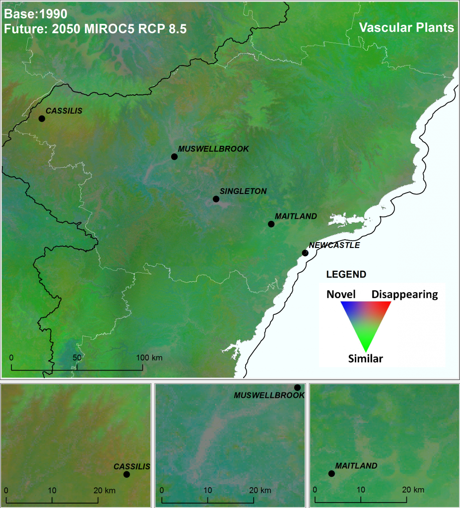 Composite ecological change identified for vascular plants under the high emissions’ mild MIROC5 climate scenario for the greater Hunter Valley region in New South Wales.