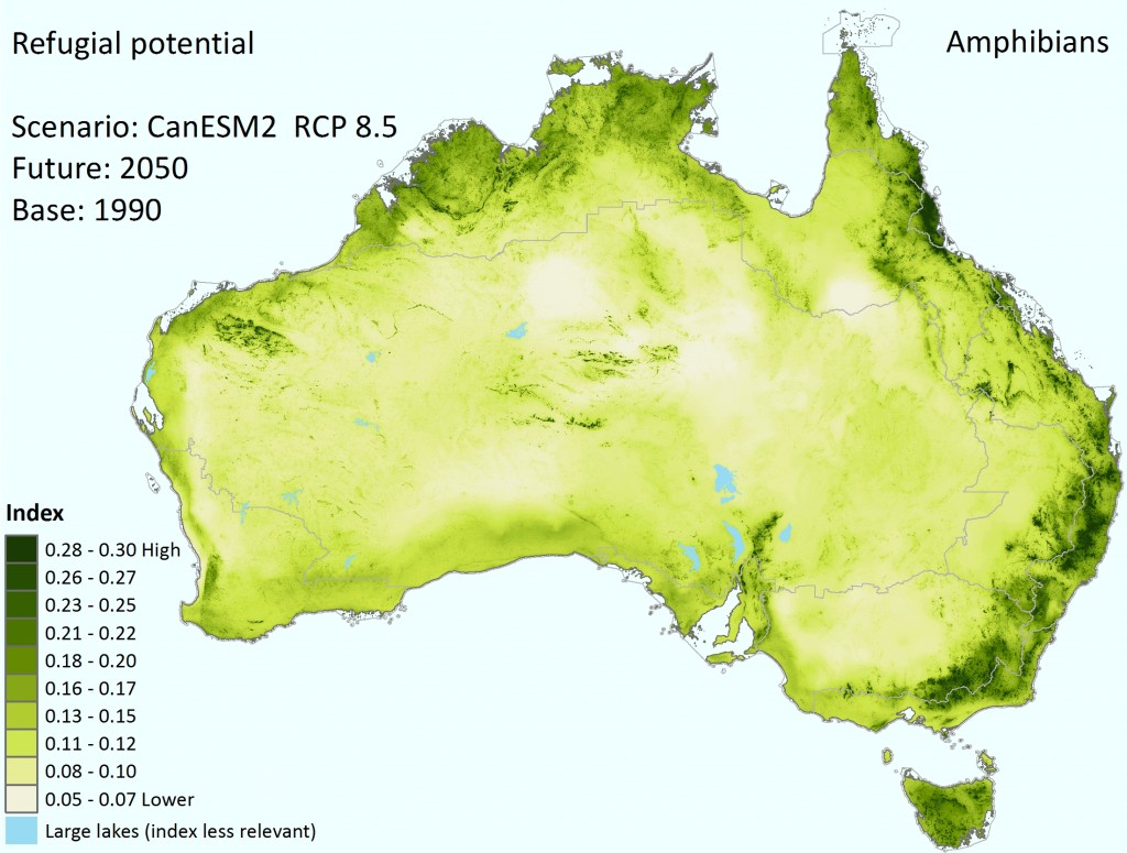 Index of refugial potential for amphibians under the high emissions’ hot CanESM2 climate scenario.