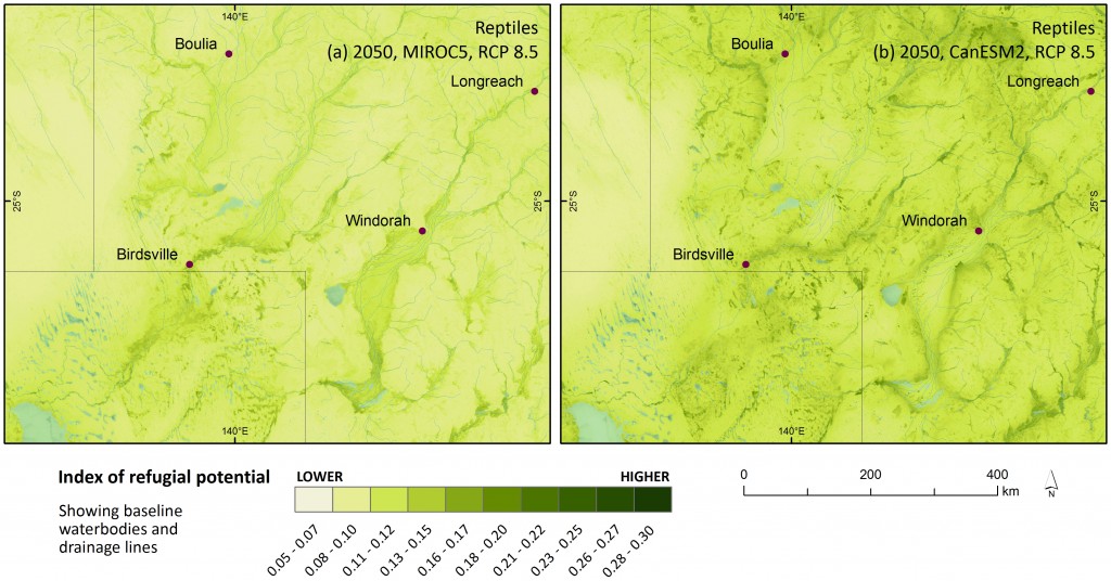 (a) Refugial potential for reptiles in the Channel Country at the intersection of the Queensland, NSW and South Australian borders, under the high emissions’ mild MIROC5 climate scenario; and (b) hot CanESM2. Image shows baseline lakes and drainage lines in blue for context.