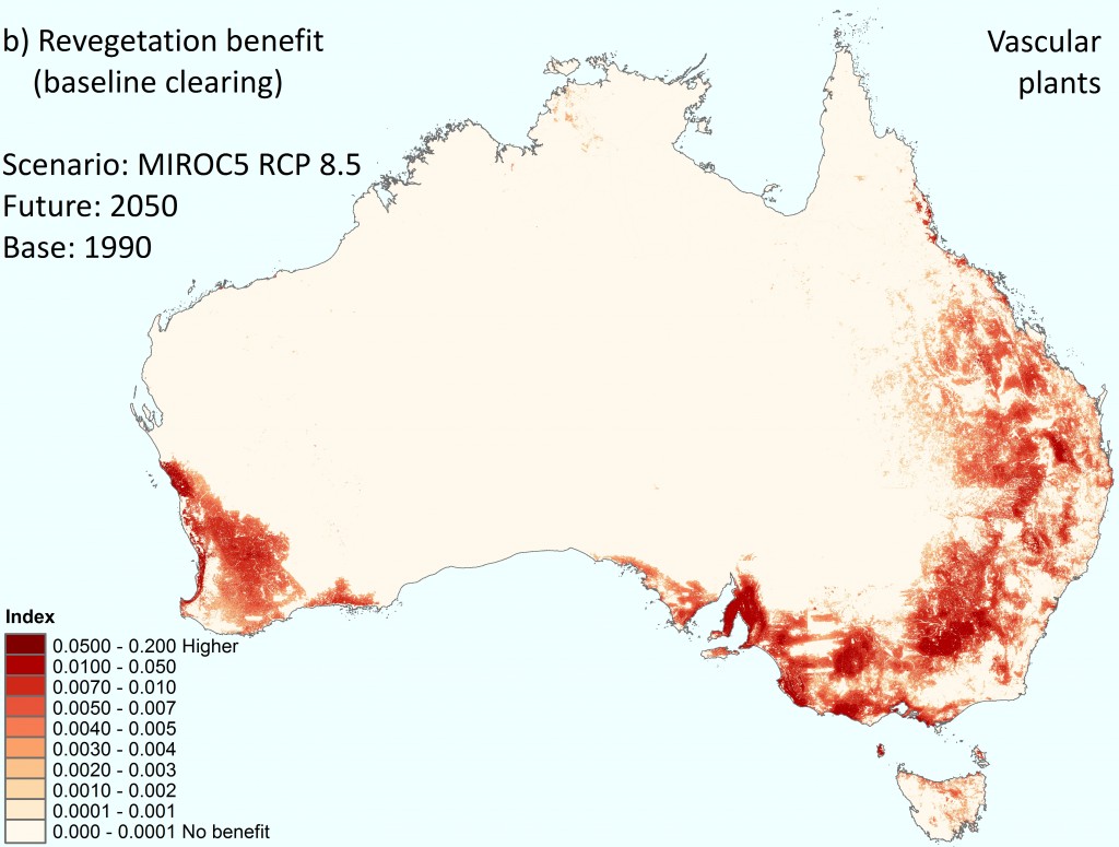 Figure 5 Revegetation benefit for baseline (1990) vascular plant species under the (a) baseline (1990) climate and (b) high emissions’ mild MIROC5 future climate scenario (2050). Darker colours signify higher overall benefit; lighter colours signify less benefit. While the legend shows 10 classes, the data itself is continuous. The difference between (a) and (b) is given in Technical Note 3 showing how revegetation benefits change with climate.