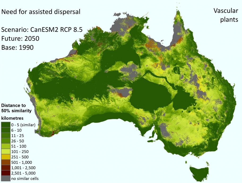 National-scale view of need for assisted dispersal for vascular plants by 2050 under the high emissions’ hot CanESM2 climate scenario.